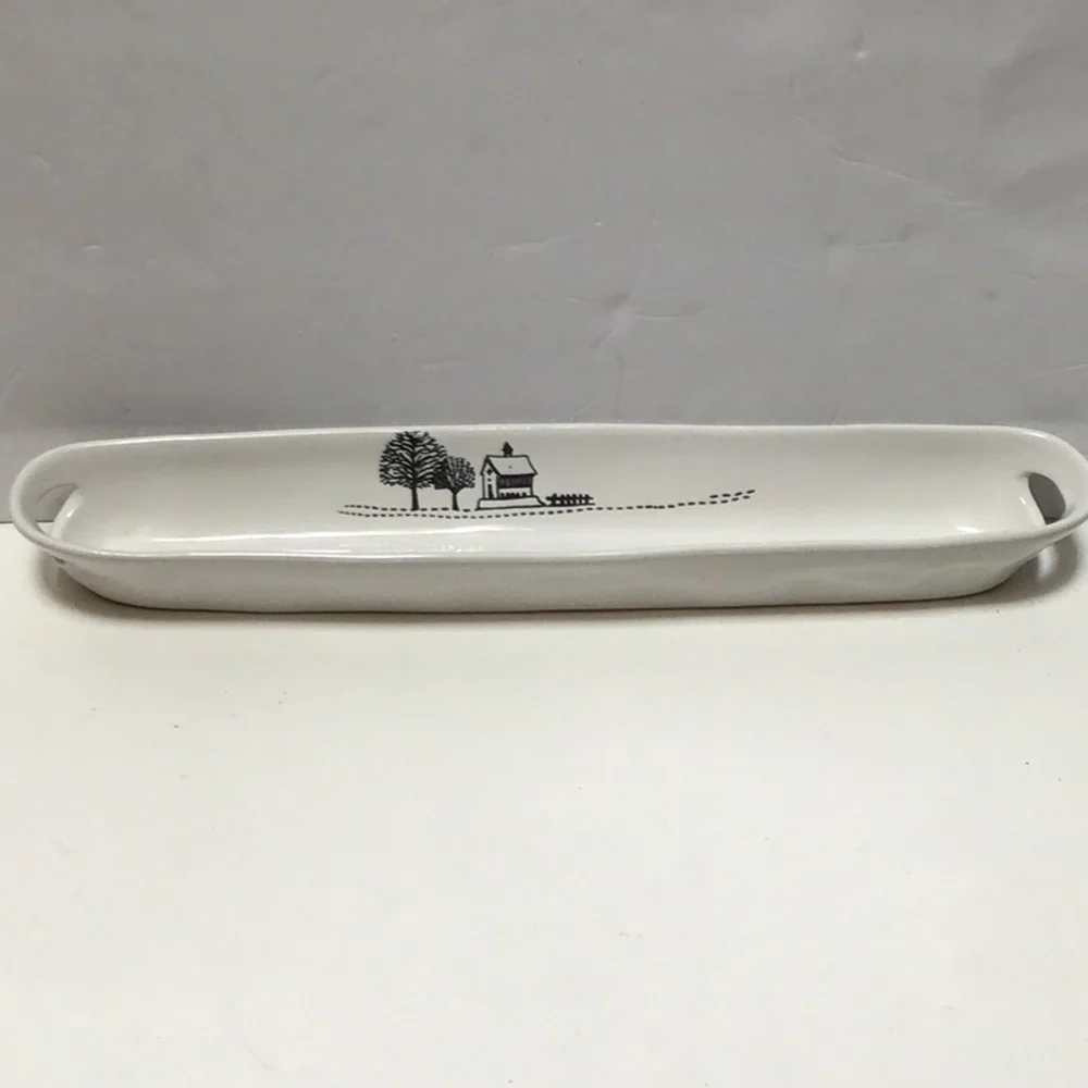 Pier‎ 1 White Ceramic Black House Church Fence Trees Dish Tray Bar Olive Boat
